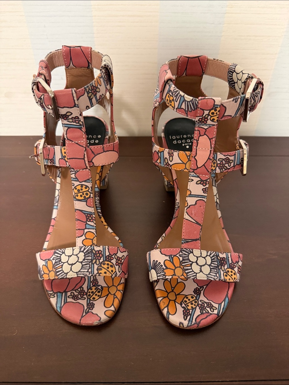 Laurence Dacade Pink & Orange Floral T-Strap Heels